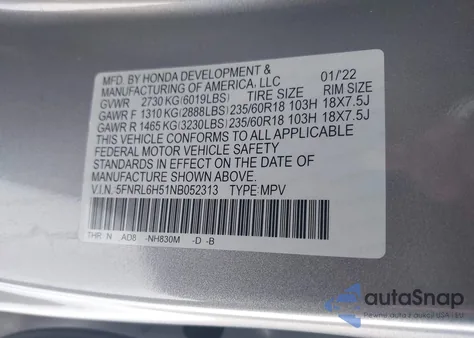 2022 Honda Odyssey Ex from USA, damaged, VIN 5FNRL6H51NB052313